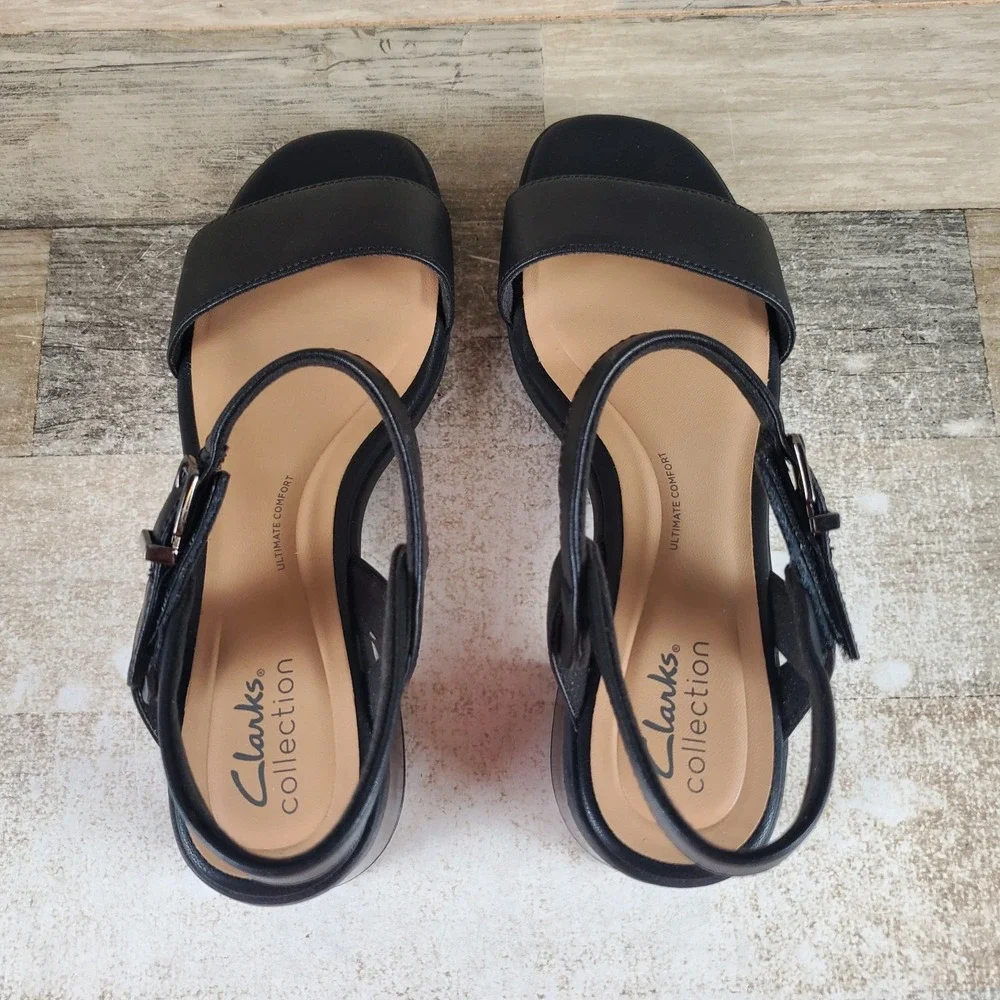 Clarks Jaylan Ray Womens Sandals Sz 8.5 Black Leather Block Heel Slingback Strap